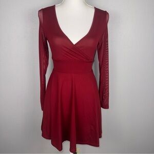 Womens XS Mini Dress Burgundy V-Neck Polyester Elastane Sheer Long Sleeves Shein